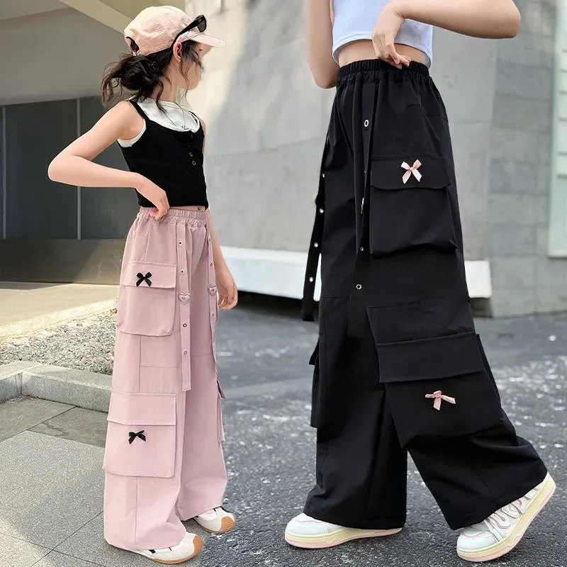 Kids Cargo Pants with Side Pocket for Tweens Girl High Fashion Hip Hop Bow Trousers Child Street Pink Black Trackpants Hot Sell