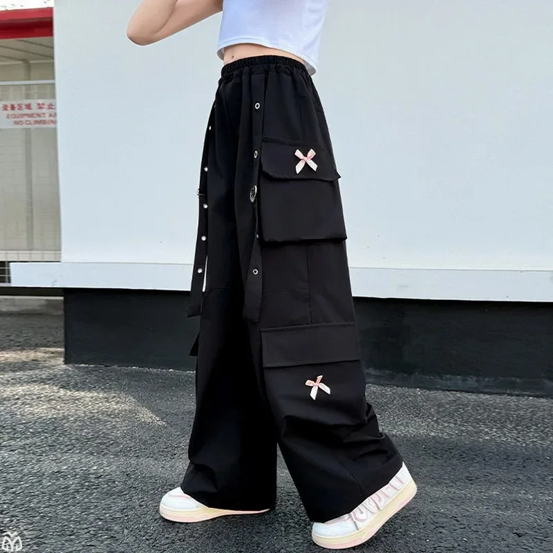 Kids Cargo Pants with Side Pocket for Tweens Girl High Fashion Hip Hop Bow Trousers Child Street Pink Black Trackpants Hot Sell