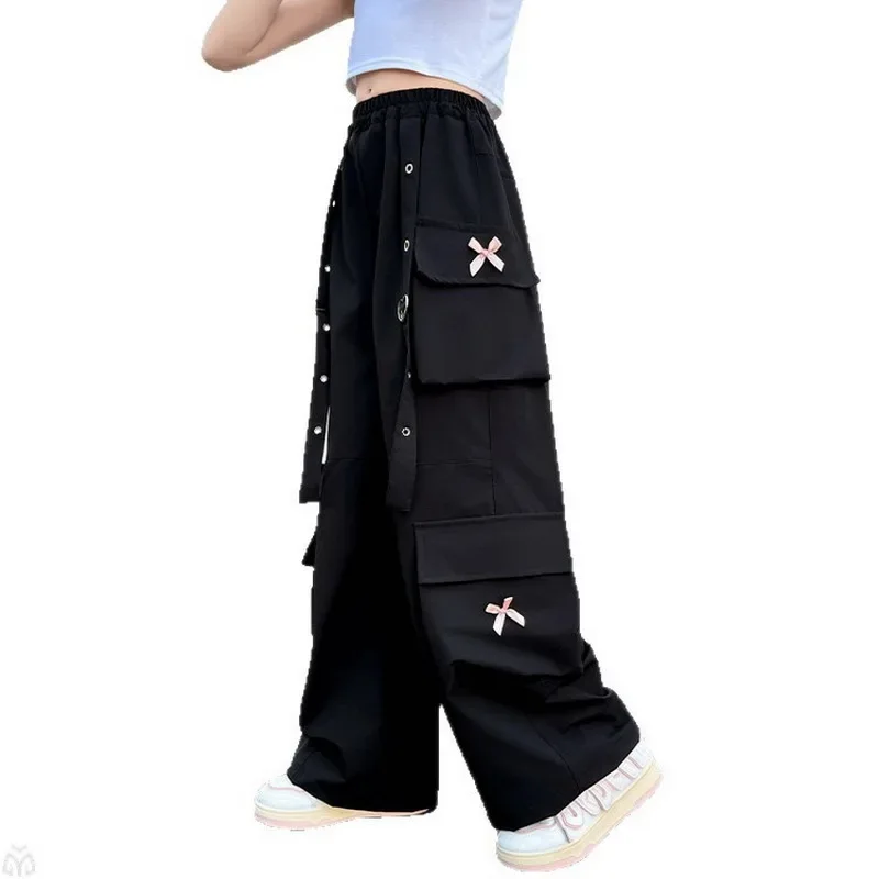 Kids Cargo Pants with Side Pocket for Tweens Girl High Fashion Hip Hop Bow Trousers Child Street Pink Black Trackpants Hot Sell