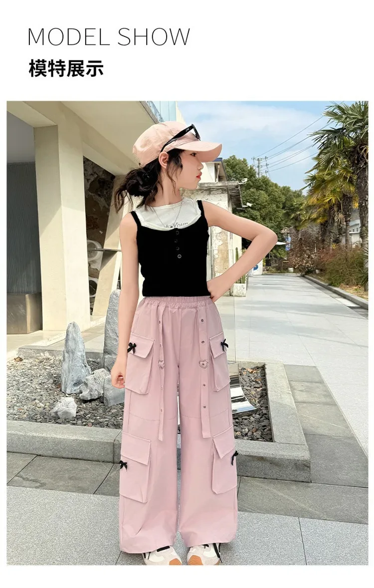 Kids Cargo Pants with Side Pocket for Tweens Girl High Fashion Hip Hop Bow Trousers Child Street Pink Black Trackpants Hot Sell