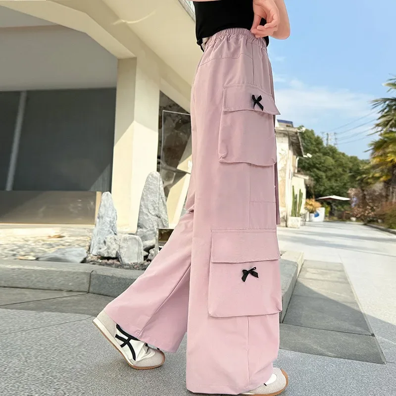 Kids Cargo Pants with Side Pocket for Tweens Girl High Fashion Hip Hop Bow Trousers Child Street Pink Black Trackpants Hot Sell