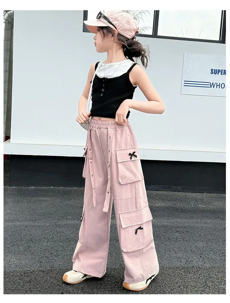 Kids Cargo Pants with Side Pocket for Tweens Girl High Fashion Hip Hop Bow Trousers Child Street Pink Black Trackpants Hot Sell