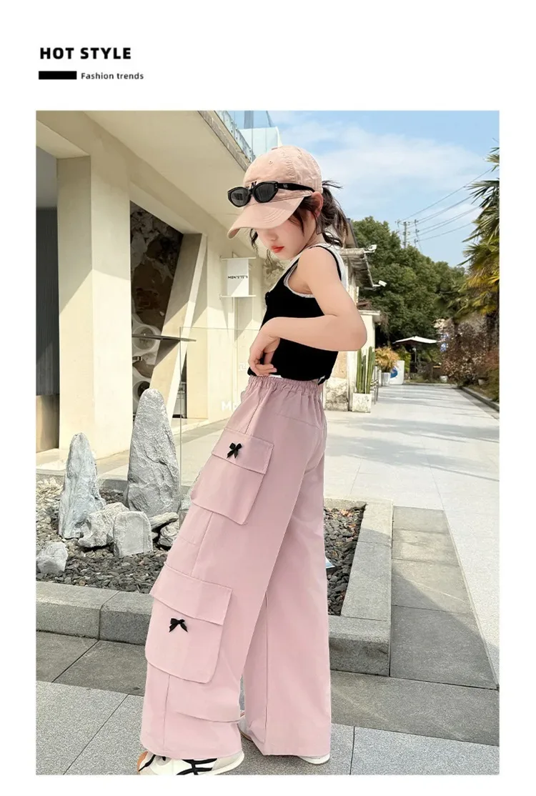 Kids Cargo Pants with Side Pocket for Tweens Girl High Fashion Hip Hop Bow Trousers Child Street Pink Black Trackpants Hot Sell