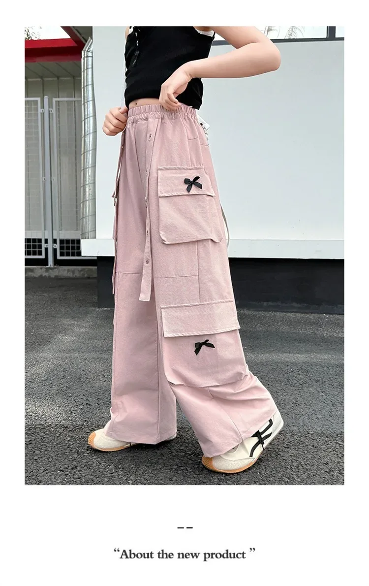 Kids Cargo Pants with Side Pocket for Tweens Girl High Fashion Hip Hop Bow Trousers Child Street Pink Black Trackpants Hot Sell