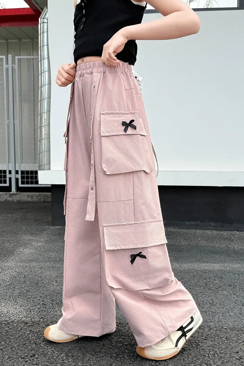 Kids Cargo Pants with Side Pocket for Tweens Girl High Fashion Hip Hop Bow Trousers Child Street Pink Black Trackpants Hot Sell