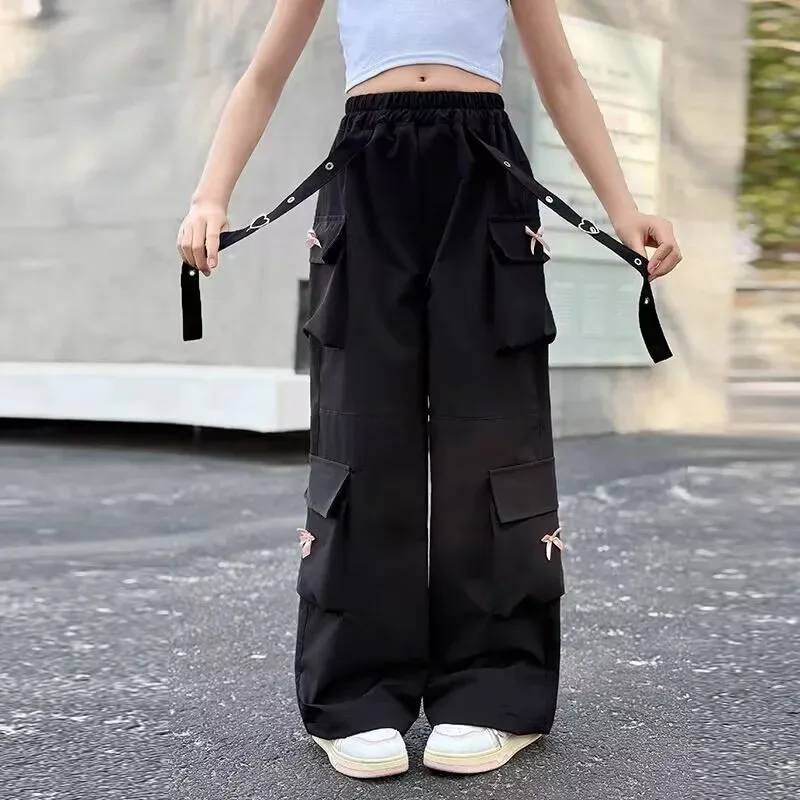 Kids Cargo Pants with Side Pocket for Tweens Girl High Fashion Hip Hop Bow Trousers Child Street Pink Black Trackpants Hot Sell