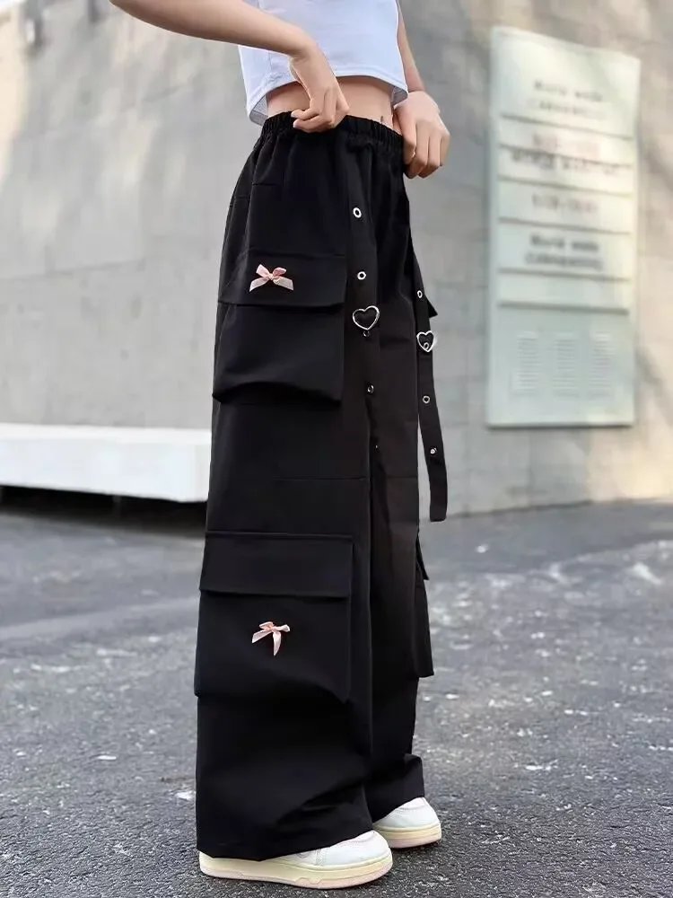 Kids Cargo Pants with Side Pocket for Tweens Girl High Fashion Hip Hop Bow Trousers Child Street Pink Black Trackpants Hot Sell