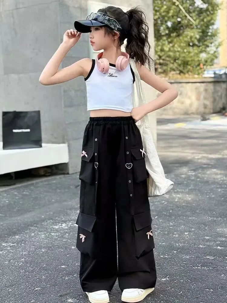 Kids Cargo Pants with Side Pocket for Tweens Girl High Fashion Hip Hop Bow Trousers Child Street Pink Black Trackpants Hot Sell