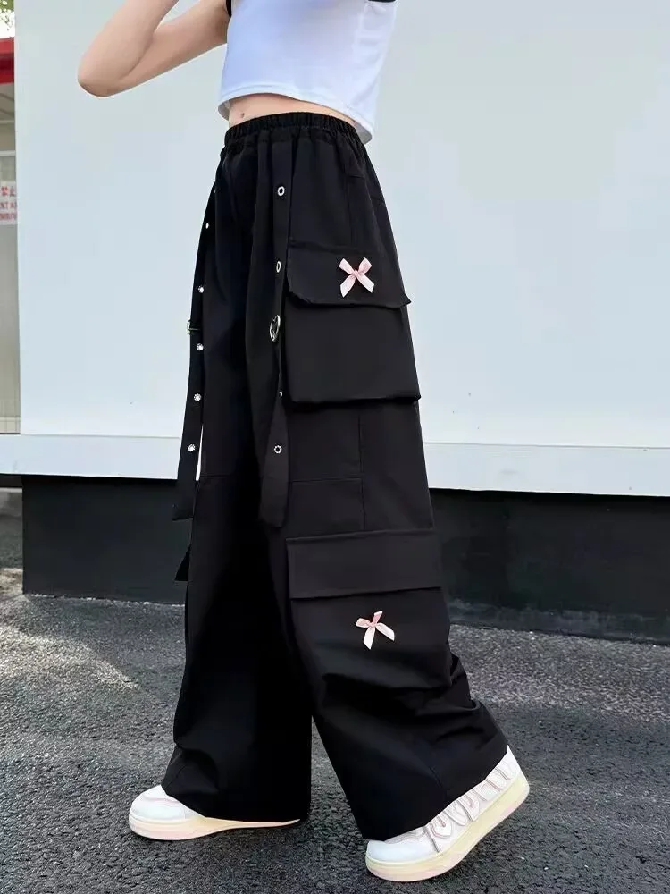 Kids Cargo Pants with Side Pocket for Tweens Girl High Fashion Hip Hop Bow Trousers Child Street Pink Black Trackpants Hot Sell