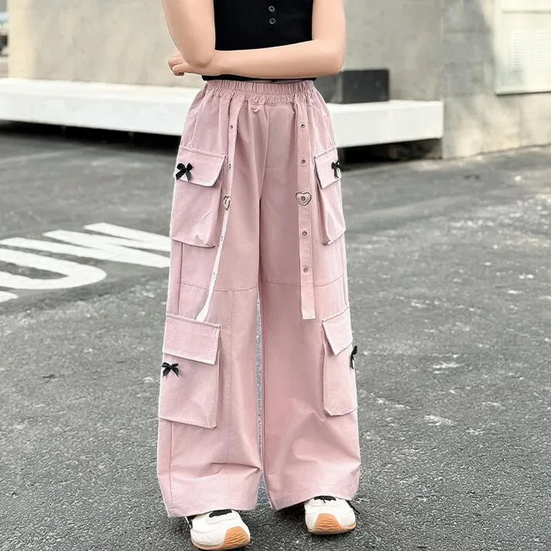 Kids Cargo Pants with Side Pocket for Tweens Girl High Fashion Hip Hop Bow Trousers Child Street Pink Black Trackpants Hot Sell