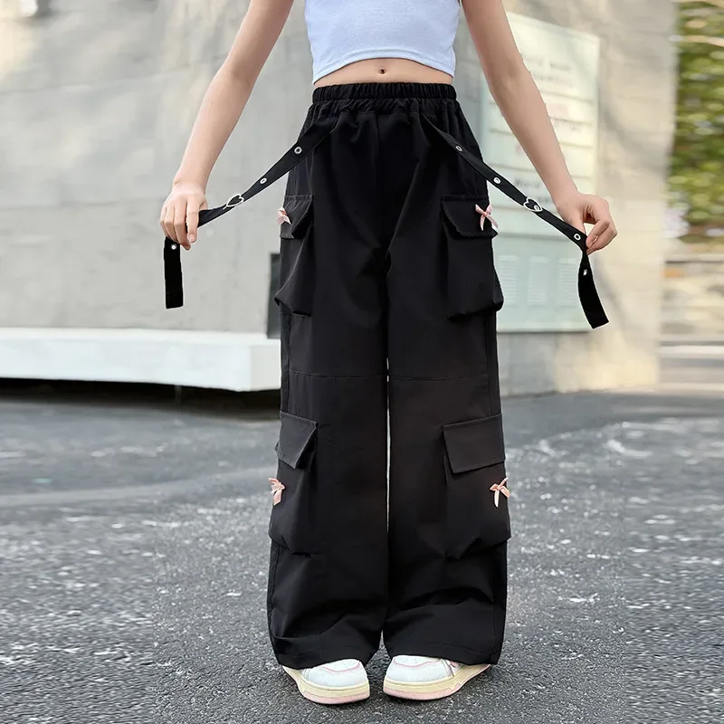 Kids Cargo Pants with Side Pocket for Tweens Girl High Fashion Hip Hop Bow Trousers Child Street Pink Black Trackpants Hot Sell