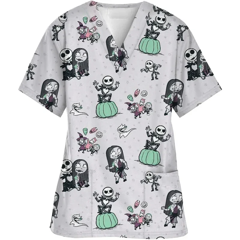 Christmas Nightmare V-neck Work Clothes Halloween Surgery plus size Nurse Medical Clothes Matte Top Women