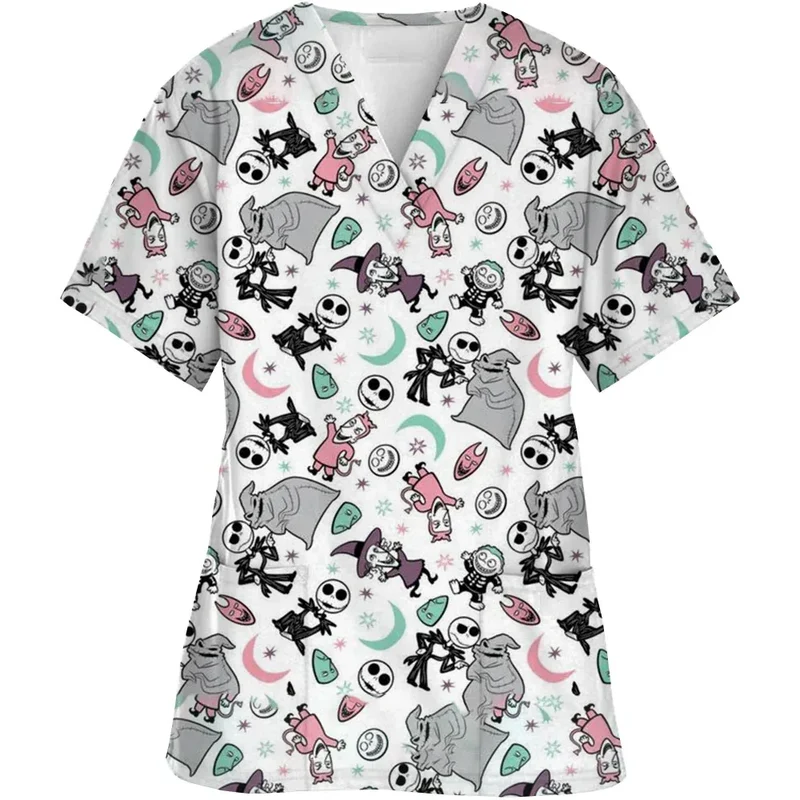 Christmas Nightmare V-neck Work Clothes Halloween Surgery plus size Nurse Medical Clothes Matte Top Women