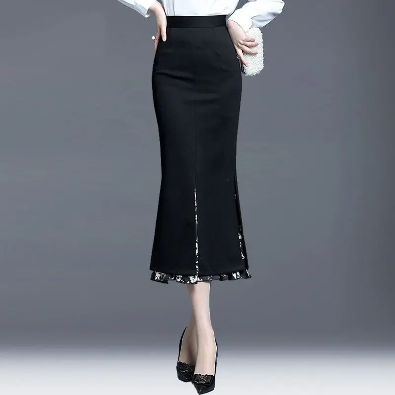 New Mermaid Hem Skirt Women Spring Autumn Mid Length High End Fashion Split Wrap Skirt