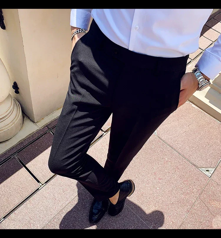Boutique Fashion Solid Color Mens White Business Casual Suit Pants Male Slim Casual Trousers Wedding Dress Suit Pants