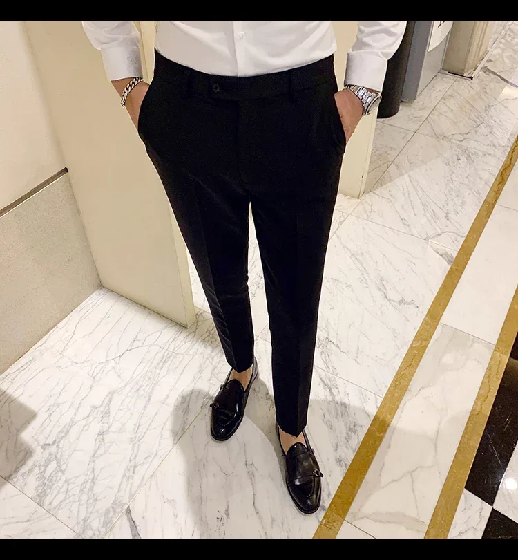 Boutique Fashion Solid Color Mens White Business Casual Suit Pants Male Slim Casual Trousers Wedding Dress Suit Pants