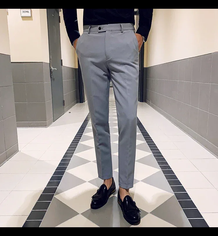Boutique Fashion Solid Color Mens White Business Casual Suit Pants Male Slim Casual Trousers Wedding Dress Suit Pants