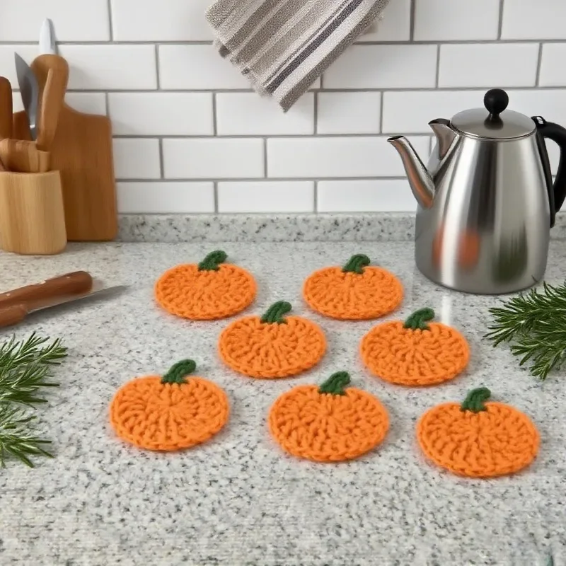 Halloween Fall Crochet Pumpkin Coasters Handmade Yarn Drink Mats Kitchen Dining Tableware Heat Resistant Decor Gift