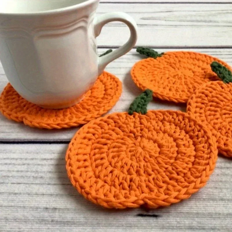 Halloween Fall Crochet Pumpkin Coasters Handmade Yarn Drink Mats Kitchen Dining Tableware Heat Resistant Decor Gift