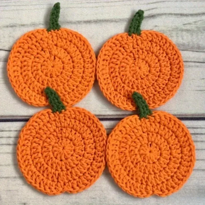 Halloween Fall Crochet Pumpkin Coasters Handmade Yarn Drink Mats Kitchen Dining Tableware Heat Resistant Decor Gift