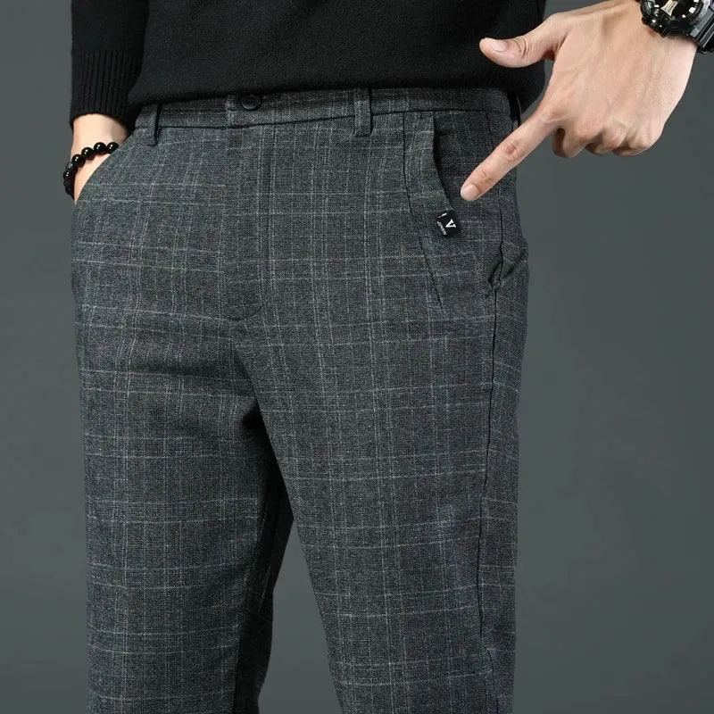 2023 New Men's Casual Plaid Pants Business Casual Slim Fit Dark Grey Classic Style Elastic Trousers Male Brand Clothes