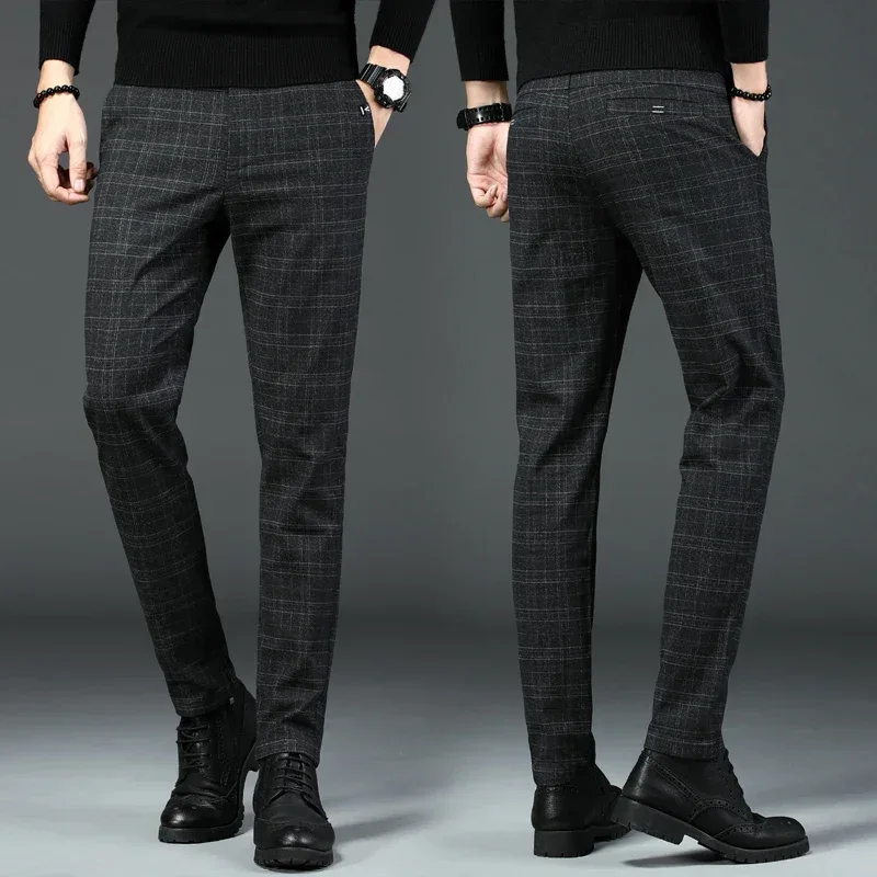 2023 New Men's Casual Plaid Pants Business Casual Slim Fit Dark Grey Classic Style Elastic Trousers Male Brand Clothes