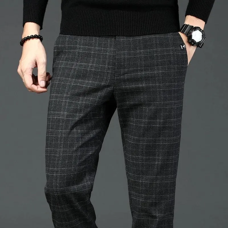 2023 New Men's Casual Plaid Pants Business Casual Slim Fit Dark Grey Classic Style Elastic Trousers Male Brand Clothes