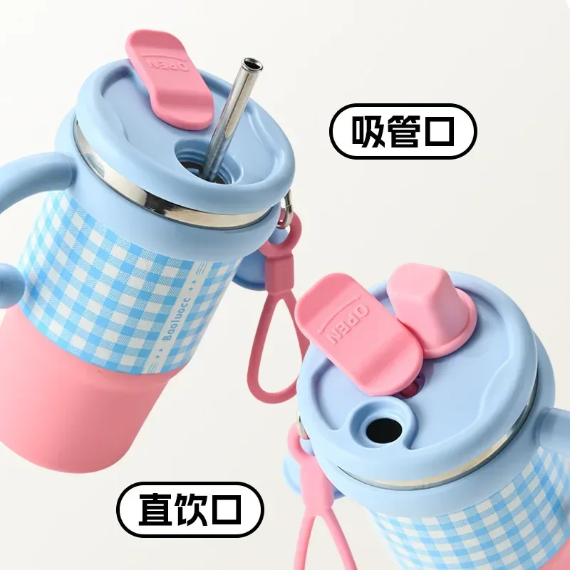 2025 New Girls Office 316 Stainless Steel Thermos Cup Household Handle Student Straw Cup Double Drink Bingba Cup Coffee Mug