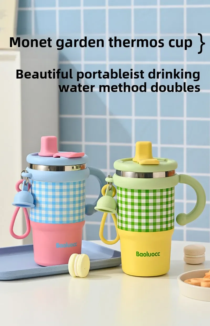 2025 New Girls Office 316 Stainless Steel Thermos Cup Household Handle Student Straw Cup Double Drink Bingba Cup Coffee Mug