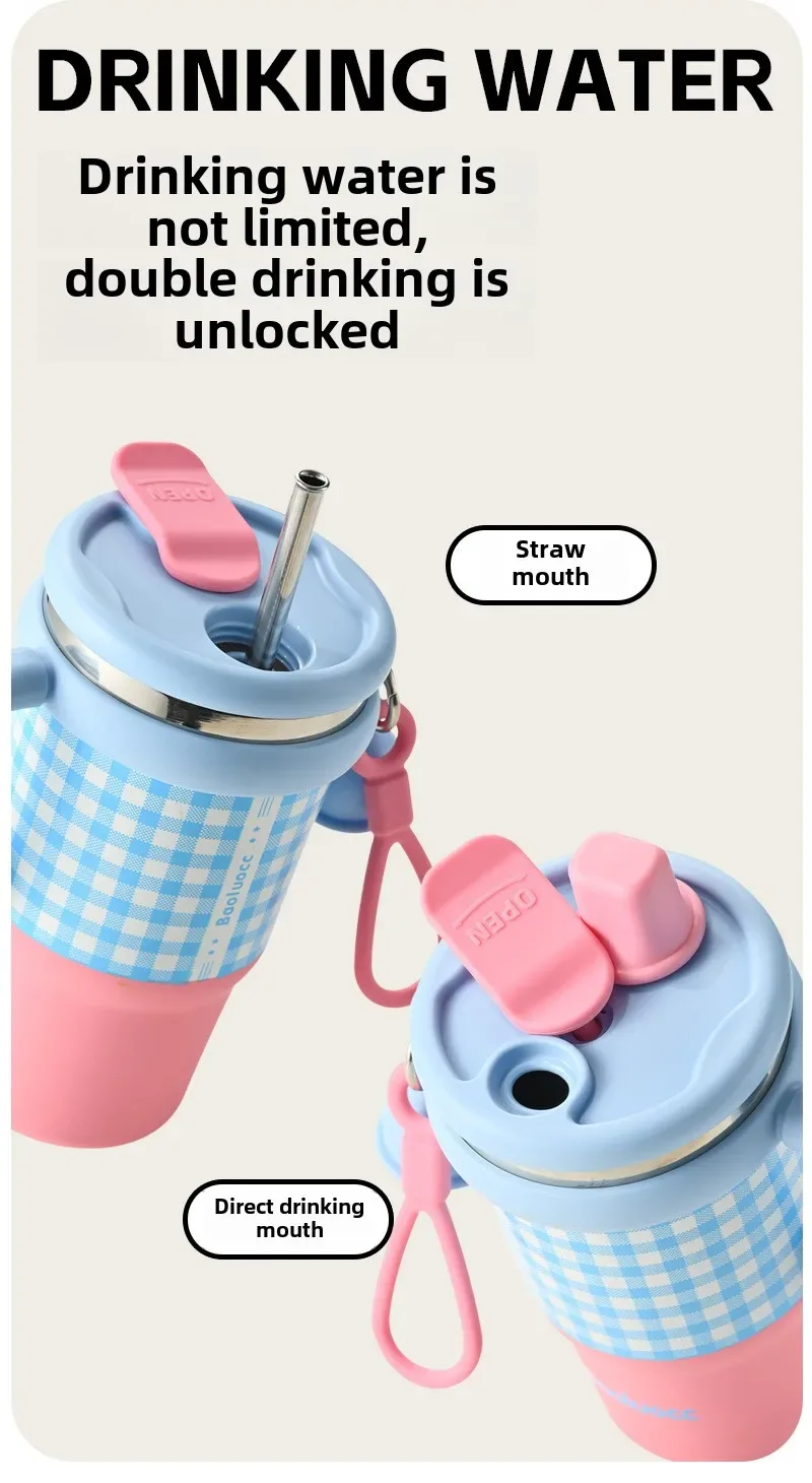 2025 New Girls Office 316 Stainless Steel Thermos Cup Household Handle Student Straw Cup Double Drink Bingba Cup Coffee Mug