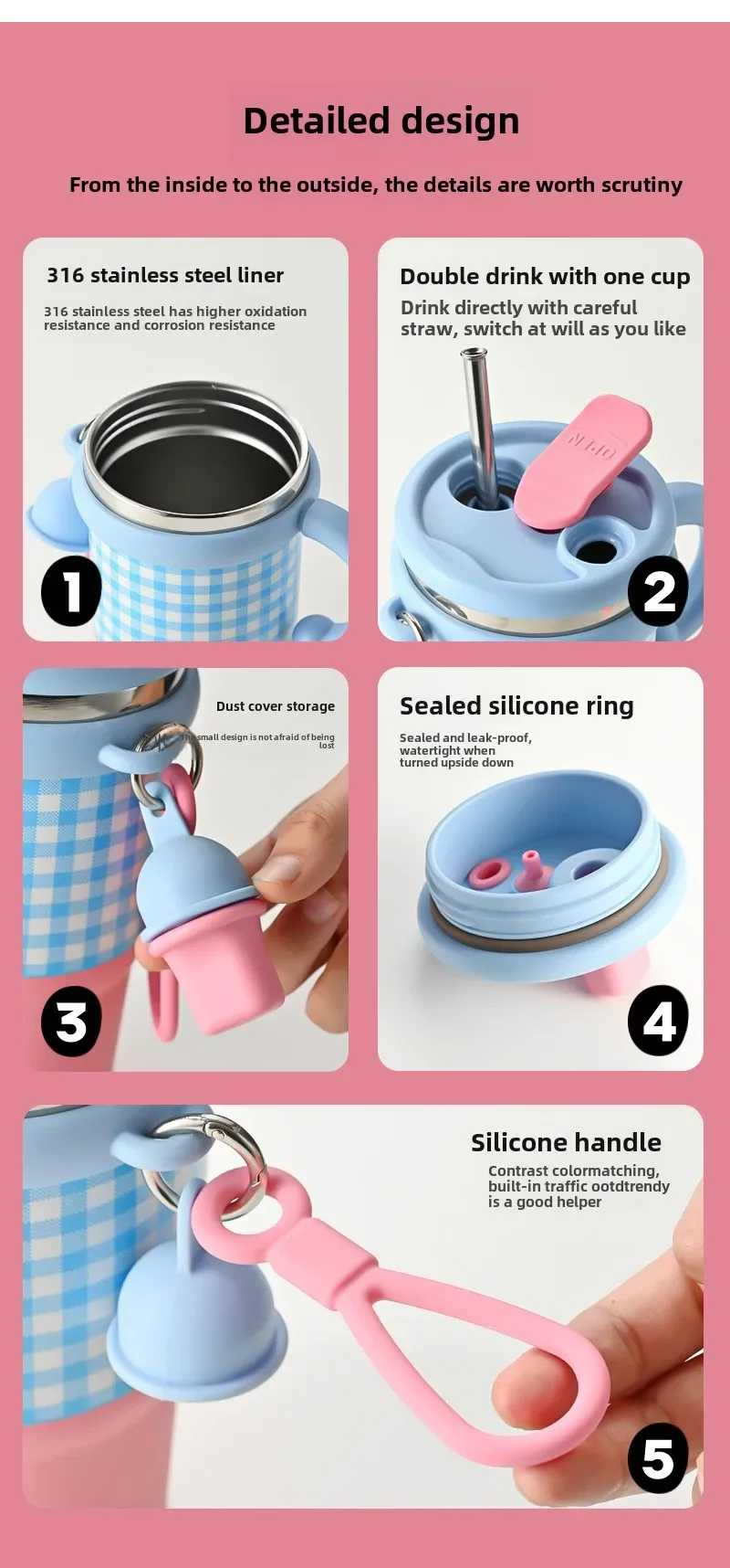2025 New Girls Office 316 Stainless Steel Thermos Cup Household Handle Student Straw Cup Double Drink Bingba Cup Coffee Mug