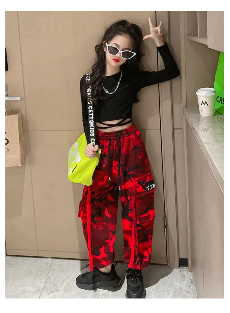 Girls Camouflage Pants Kids Fashion Casual High waisted wide leg pants 2025 Spring Fall ClothesTeen Girl Trousers 8 10 12 14Y