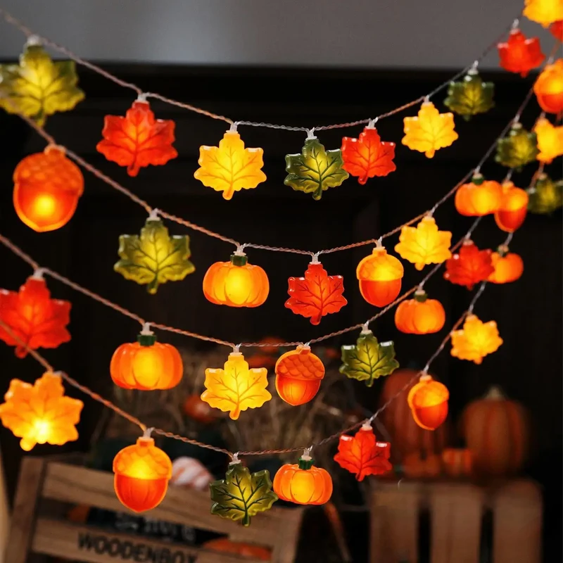 1.5/3m Halloween LED Pumpkin Nut Maple Leaf Light String Home Christmas Party Decoration Hanging Lamp Props Thanksgiving Gift