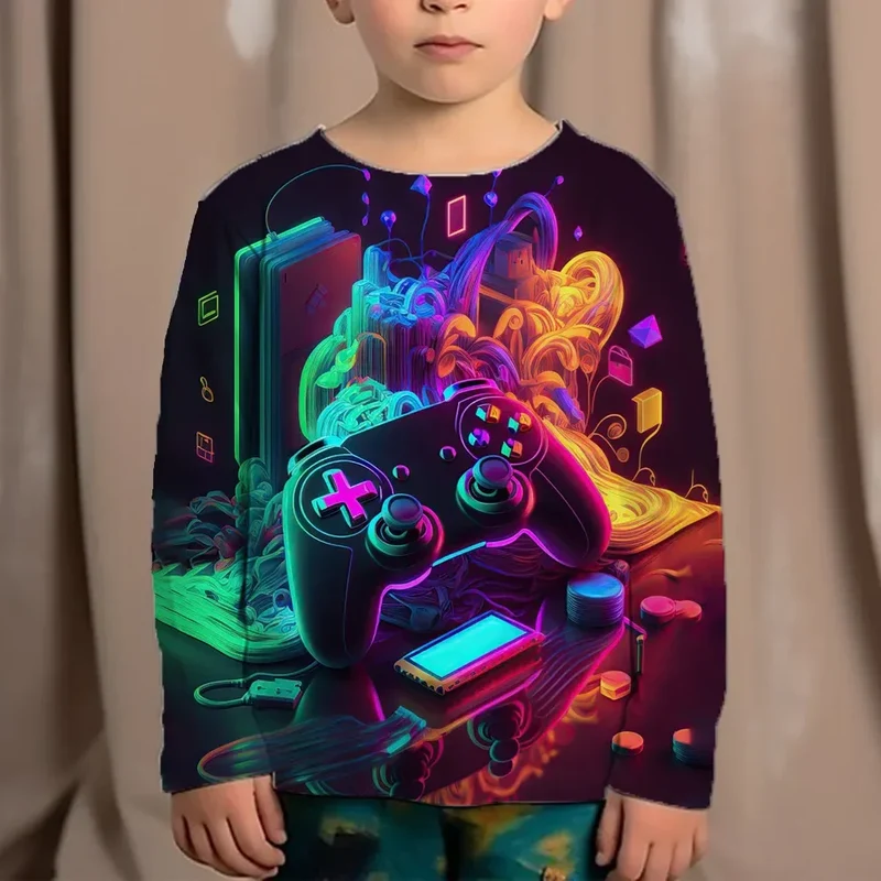 Top Clothes For Children Clothing Autumn Games Console Black T-Shirt Kids Tees Long Sleeve Tshirt From 10 To 12 Years Old Boys