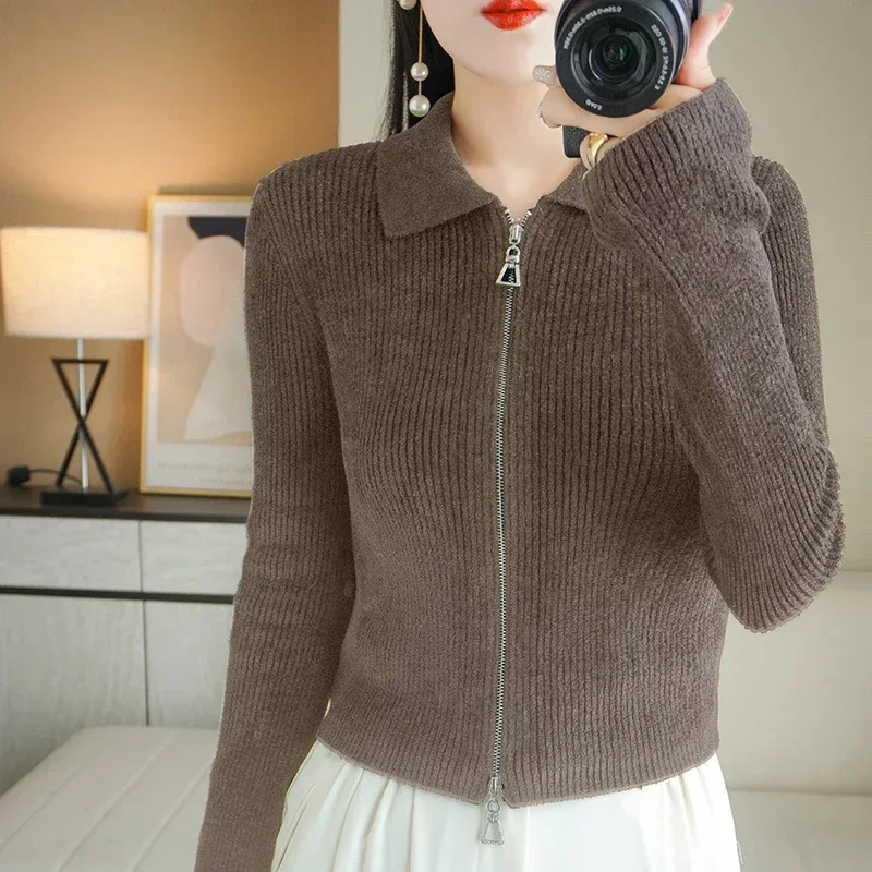 Women Autumn Winter Soft Wool Sweater Polo Collar Thicken Knitted Double Zipper Cardigan Basis Short Top Cashmere Female Coat