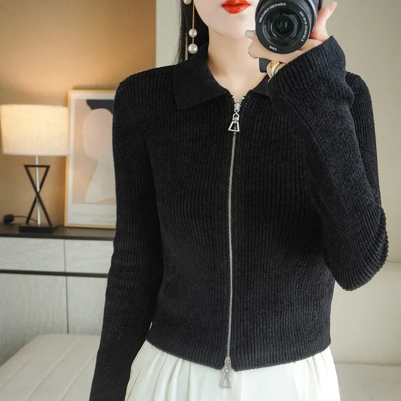 Women Autumn Winter Soft Wool Sweater Polo Collar Thicken Knitted Double Zipper Cardigan Basis Short Top Cashmere Female Coat