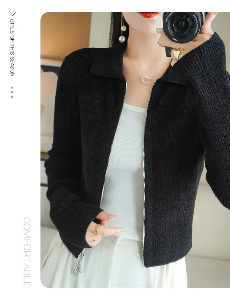 Women Autumn Winter Soft Wool Sweater Polo Collar Thicken Knitted Double Zipper Cardigan Basis Short Top Cashmere Female Coat