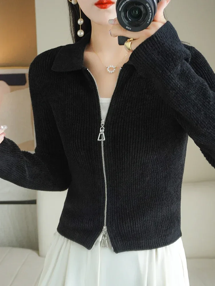 Women Autumn Winter Soft Wool Sweater Polo Collar Thicken Knitted Double Zipper Cardigan Basis Short Top Cashmere Female Coat