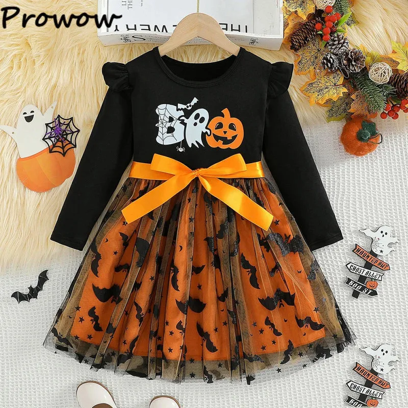 Prowow 2-8Y Kids Purple Halloween Dresses For Girls Long Sleeve Princess Mesh Spooky Spider Dress Children Halloween Costumes