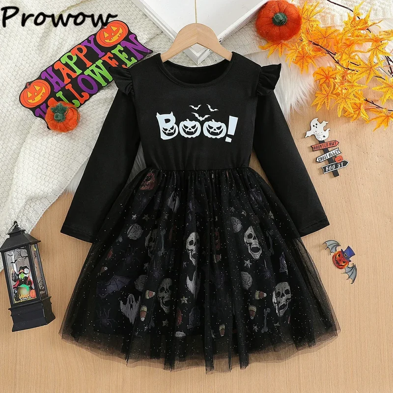 Prowow 2-8Y Kids Purple Halloween Dresses For Girls Long Sleeve Princess Mesh Spooky Spider Dress Children Halloween Costumes
