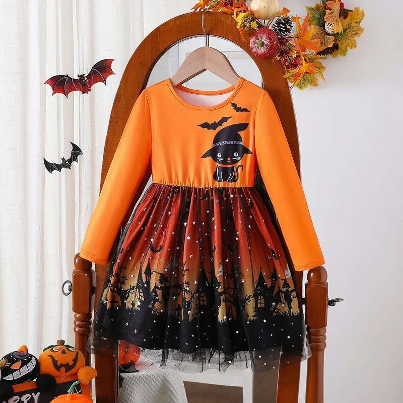 Prowow 2-8Y Kids Purple Halloween Dresses For Girls Long Sleeve Princess Mesh Spooky Spider Dress Children Halloween Costumes