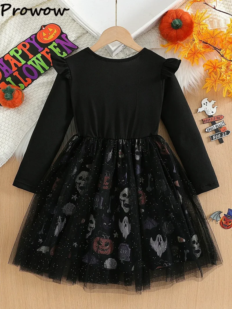 Prowow 2-8Y Kids Purple Halloween Dresses For Girls Long Sleeve Princess Mesh Spooky Spider Dress Children Halloween Costumes