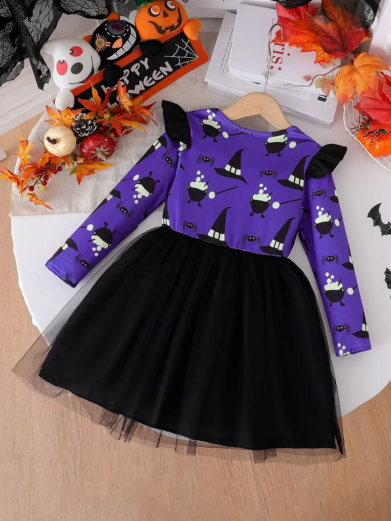 Prowow 2-8Y Kids Purple Halloween Dresses For Girls Long Sleeve Princess Mesh Spooky Spider Dress Children Halloween Costumes