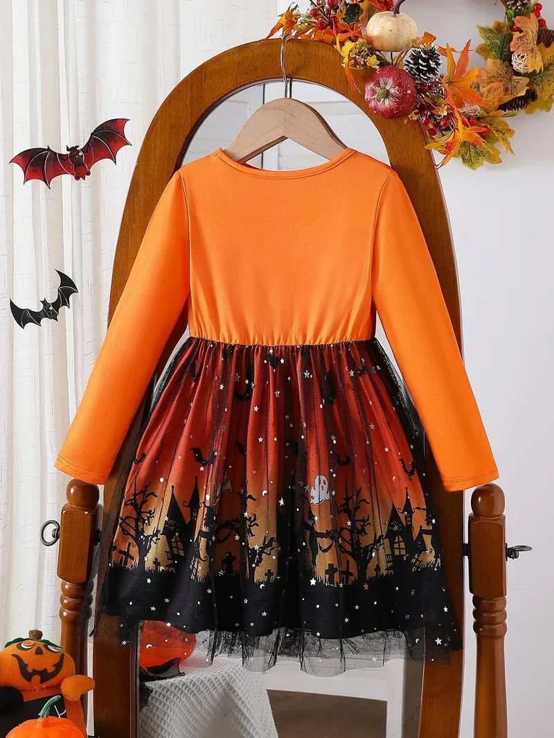 Prowow 2-8Y Kids Purple Halloween Dresses For Girls Long Sleeve Princess Mesh Spooky Spider Dress Children Halloween Costumes