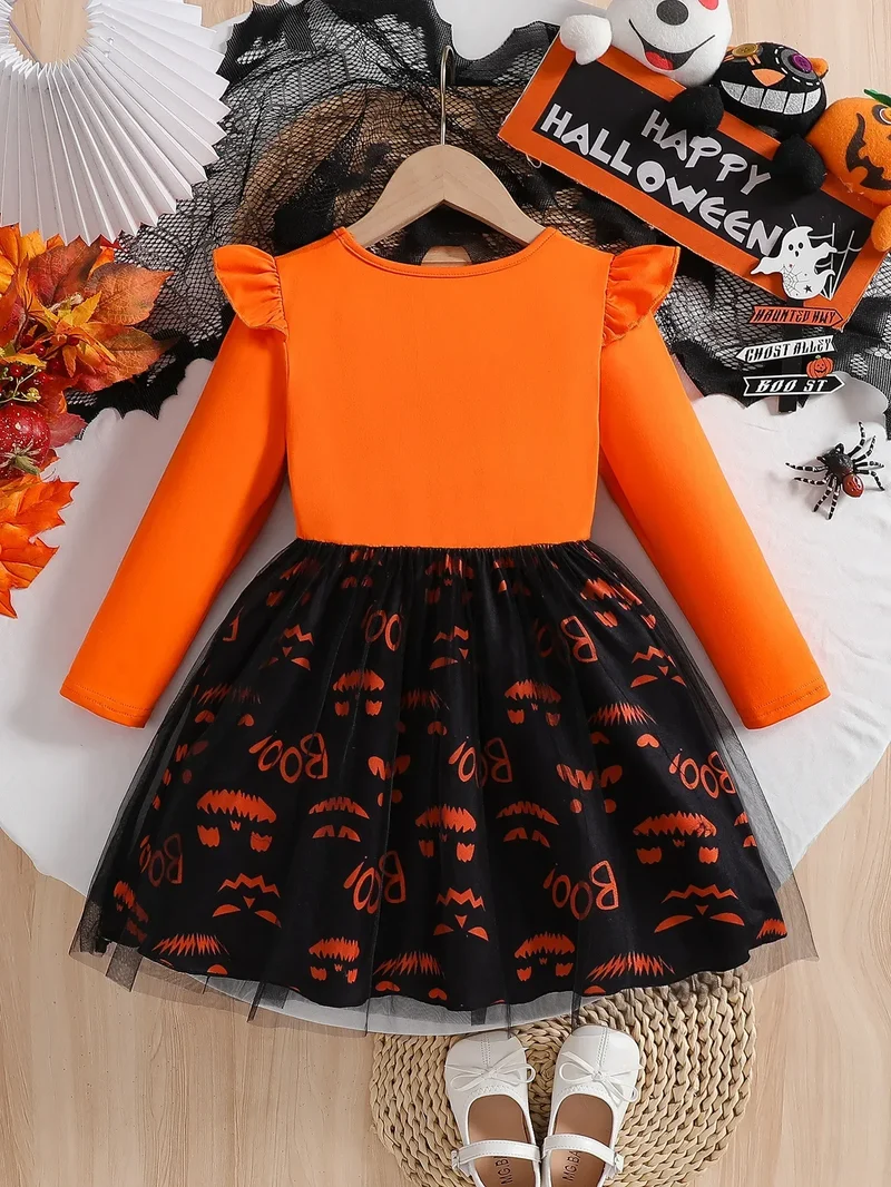 Prowow 2-8Y Kids Purple Halloween Dresses For Girls Long Sleeve Princess Mesh Spooky Spider Dress Children Halloween Costumes