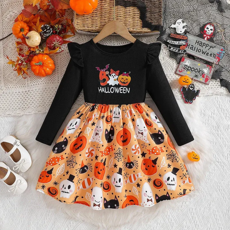 Prowow 2-8Y Kids Purple Halloween Dresses For Girls Long Sleeve Princess Mesh Spooky Spider Dress Children Halloween Costumes