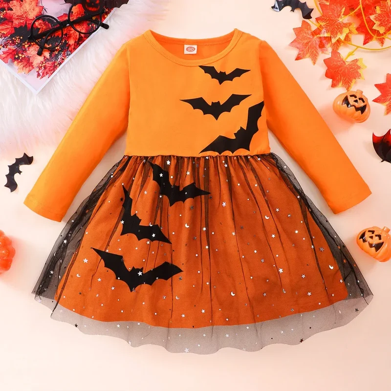 Prowow 2-8Y Kids Purple Halloween Dresses For Girls Long Sleeve Princess Mesh Spooky Spider Dress Children Halloween Costumes