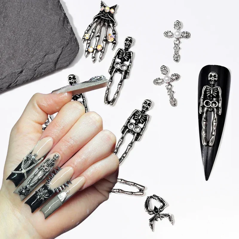 10pcs/Bag Spooky Metal Bone Skeleton Nail Charms Halloween Designs Decoration Nail DIY Accessories Skull Halloween Cross Decor
