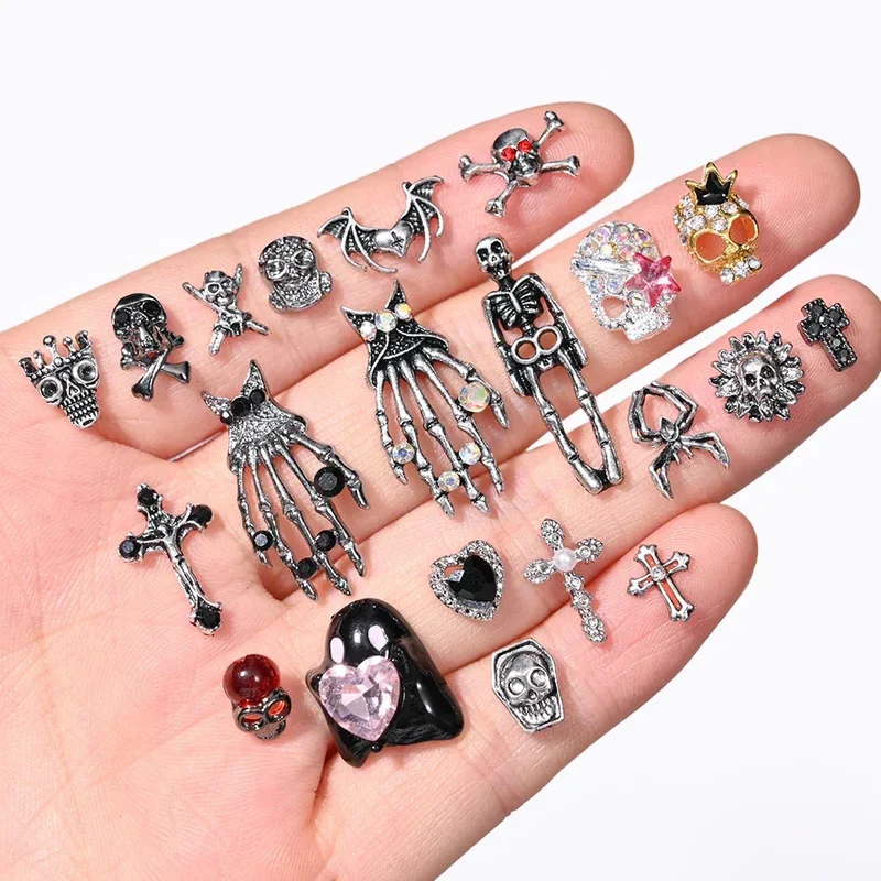 10pcs/Bag Spooky Metal Bone Skeleton Nail Charms Halloween Designs Decoration Nail DIY Accessories Skull Halloween Cross Decor