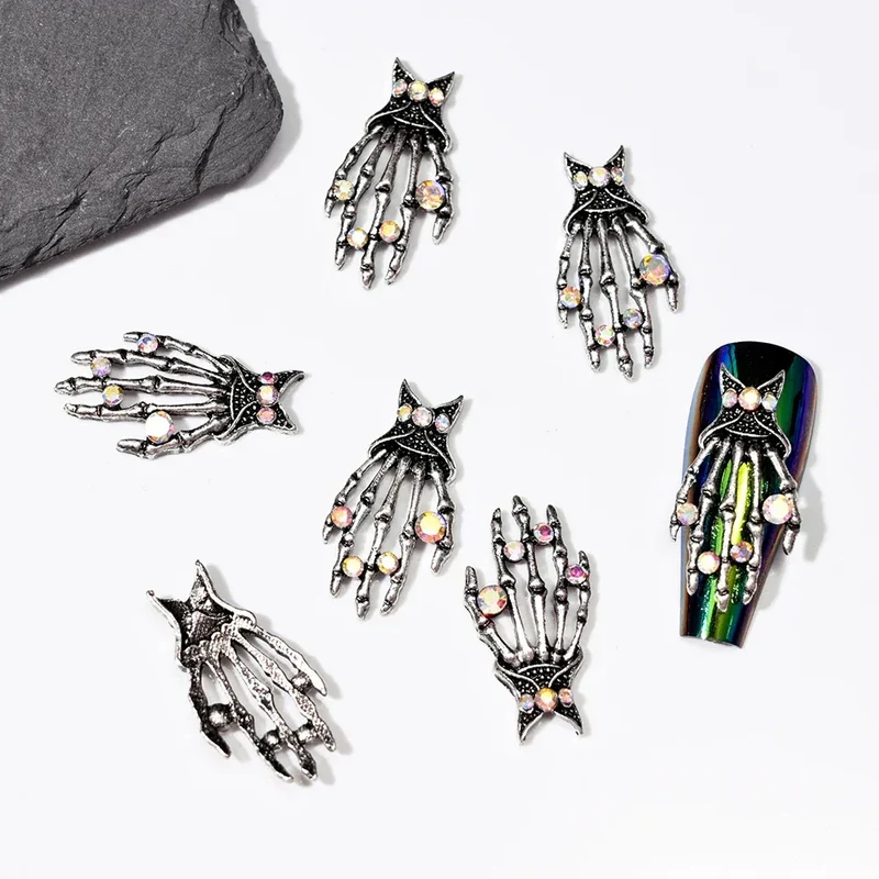 10pcs/Bag Spooky Metal Bone Skeleton Nail Charms Halloween Designs Decoration Nail DIY Accessories Skull Halloween Cross Decor